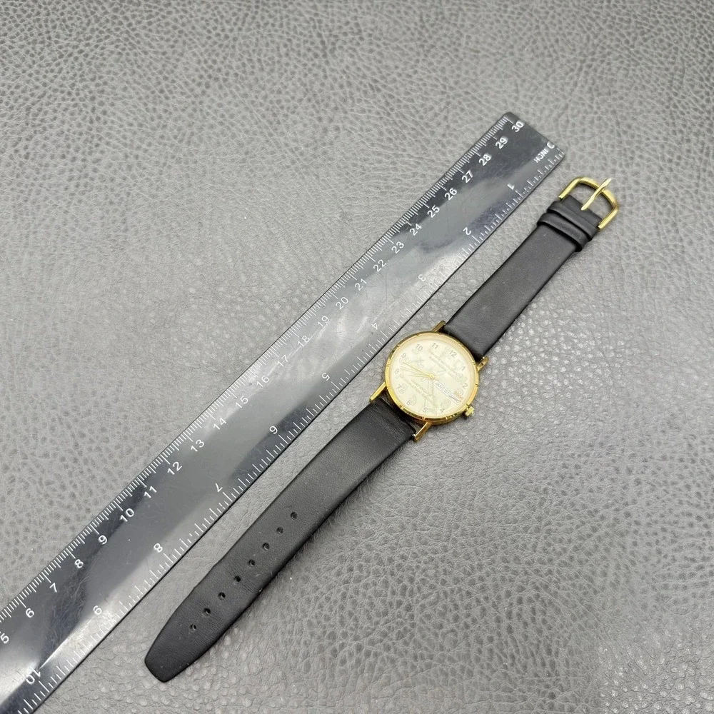 Vintage Disney Services Watch Gold Tone Leather Band 2000 Y2K NEW BATTERY WORKS‎